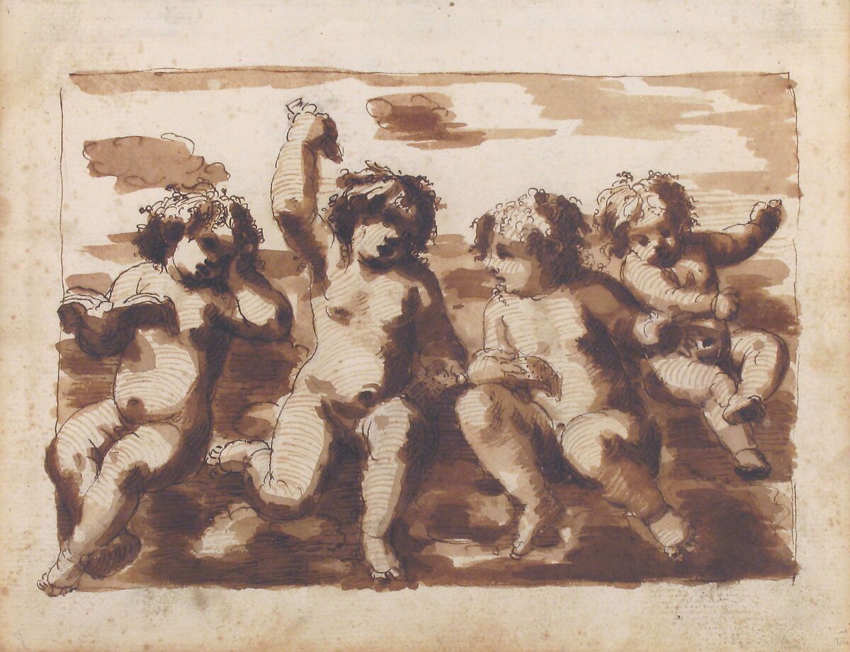 Four Putti on Clouds, Leonardo Scaglia (Italian, documented Perugia, Ancona, 1640–1650), Pen and brown ink, brown wash, over black chalk