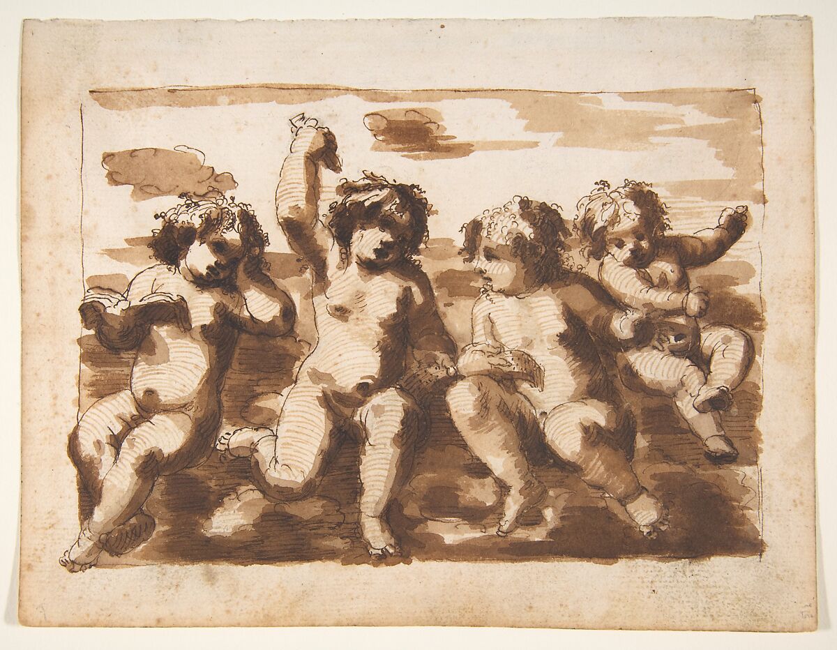 Four Putti on Clouds, Leonardo Scaglia (Italian, documented Perugia, Ancona, 1640–1650), Pen and brown ink, brown wash, over traces of black chalk 