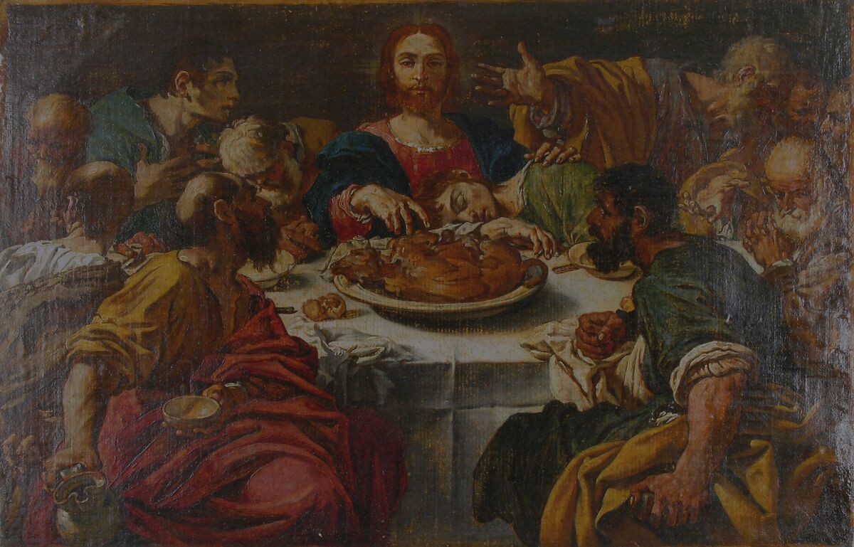 The Last Supper, Bartolomeo Schedoni (Italian, Formigine 1578–1615 Parma), Brush and red, blue, yellow-brown, brown, green, and mauve oil paint on paper, pasted onto canvas