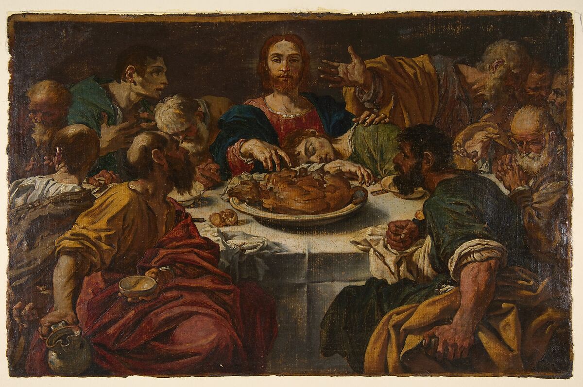 The Last Supper, Bartolomeo Schedoni (Italian, Formigine 1578–1615 Parma), Brush and red, blue, yellow-brown, brown, green, and mauve oil paint on paper, pasted onto canvas 