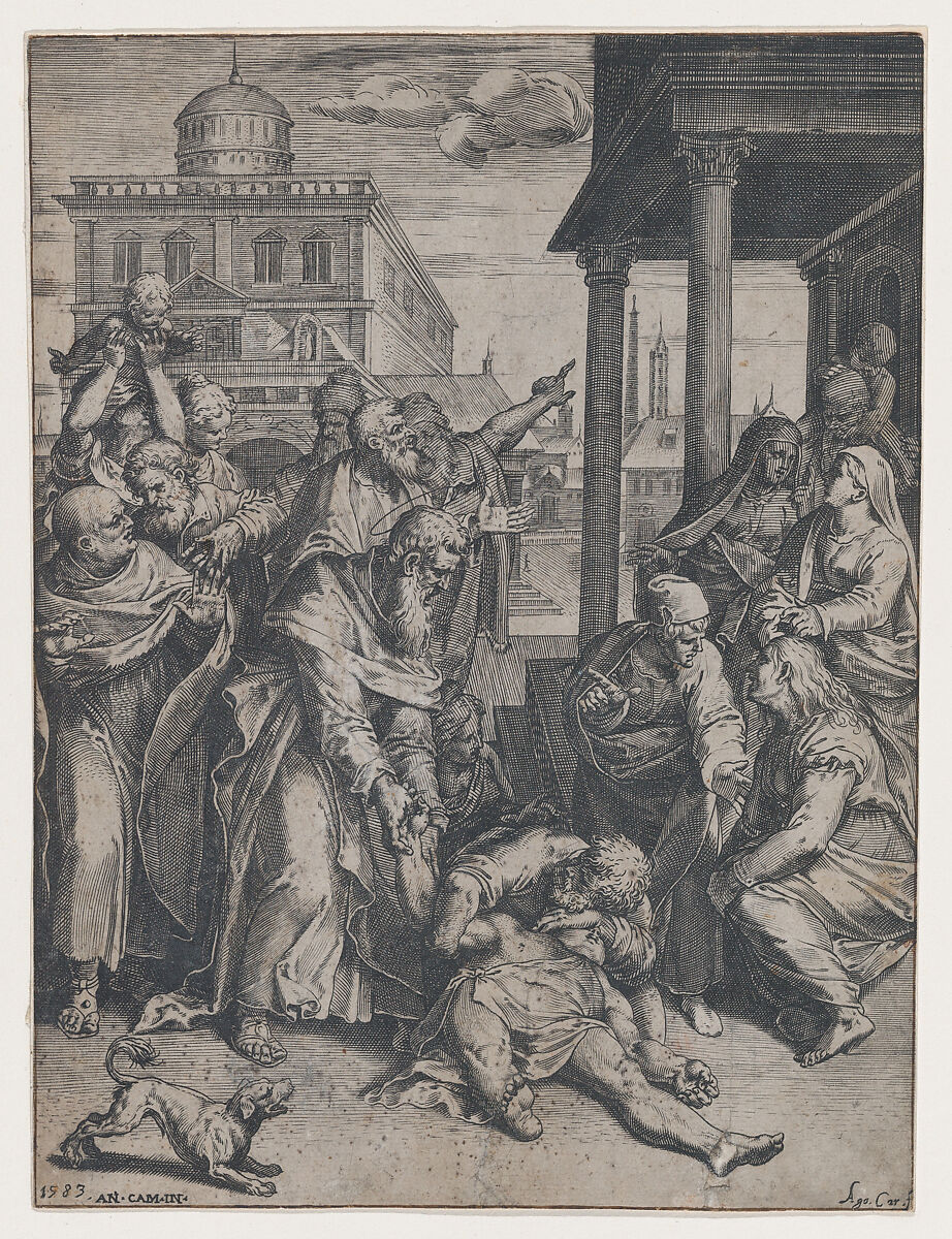 Saint Paul raising Patroclus who is on the ground, surrounded by a group of onlookers, a dog in the foreground at left, Agostino Carracci (Italian, Bologna 1557–1602 Parma), Engraving 