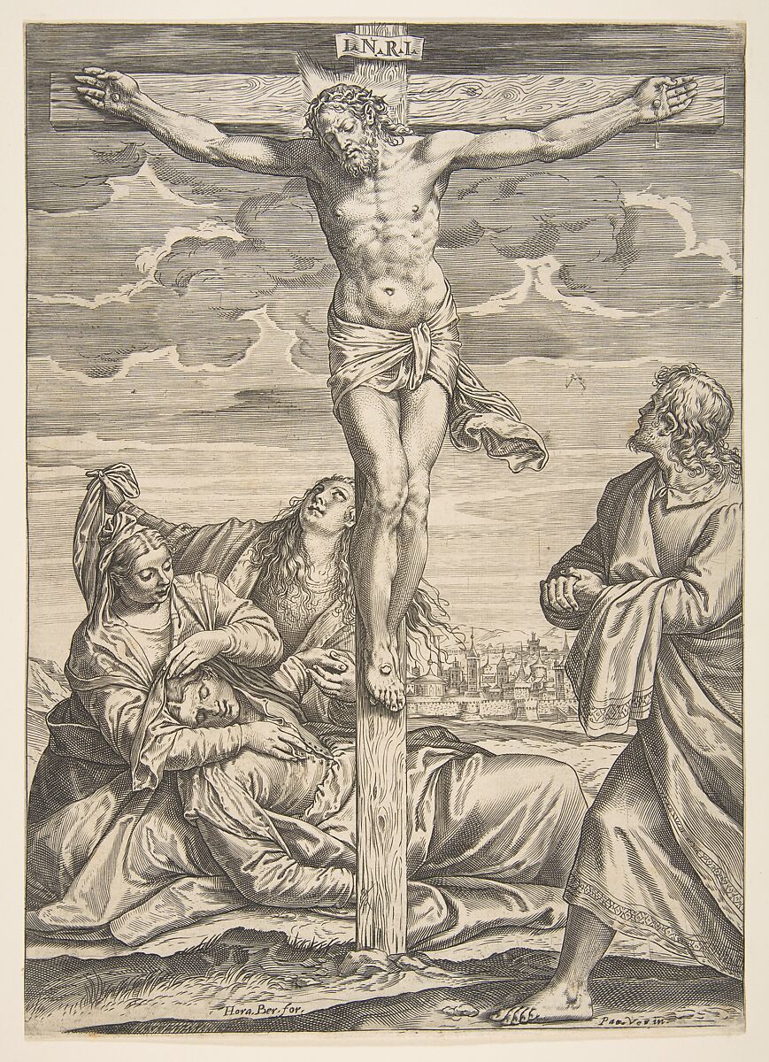Christ on the cross, Saint John to the right looking toward him, to the left is the fainting Virgin Mary supported by two women