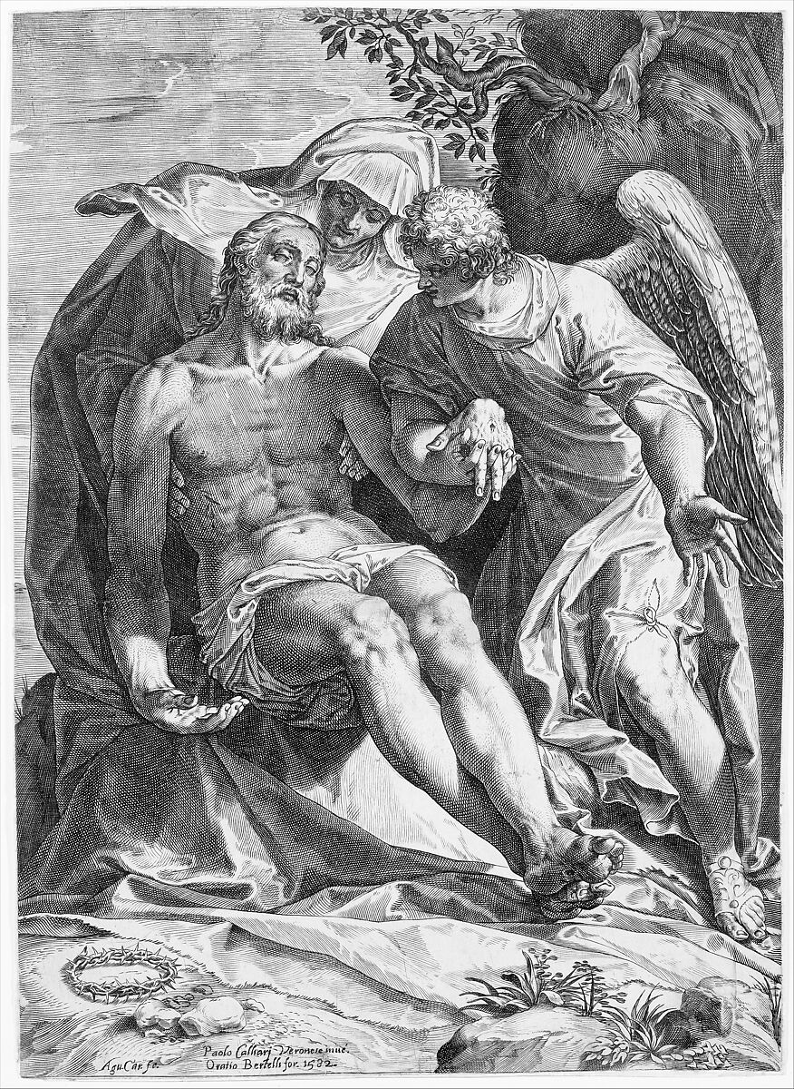Pieta; Christ supported by the Virgin and an angel at the right, Agostino Carracci (Italian, Bologna 1557–1602 Parma), Engraving 