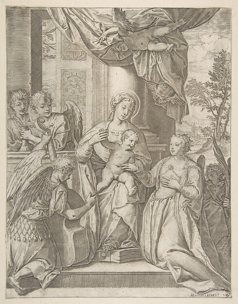 The mystic marriage of Saint Catherine who sits at center with the Christ child, angels with instruments at the left, Agostino Carracci (Italian, Bologna 1557–1602 Parma), Engraving 