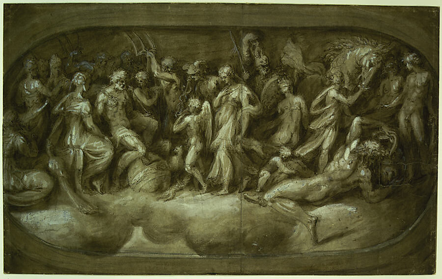 Cupid Presenting Psyche to the Gods, Andrea Schiavone (Andrea Meldola) (Italian, Zadar (Zara) ca. 1510?–1563 Venice), Pen and brown ink, brush and brown wash, highlighted with white, over traces of black chalk, on brown-washed paper