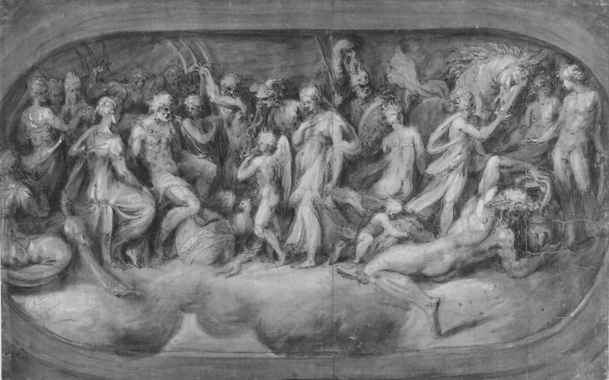 Cupid Presenting Psyche to the Gods, Andrea Schiavone (Andrea Meldola) (Italian, Zadar (Zara) ca. 1510?–1563 Venice), Pen and brown ink, brush and brown wash, highlighted with white, over traces of black chalk, on brown-washed paper