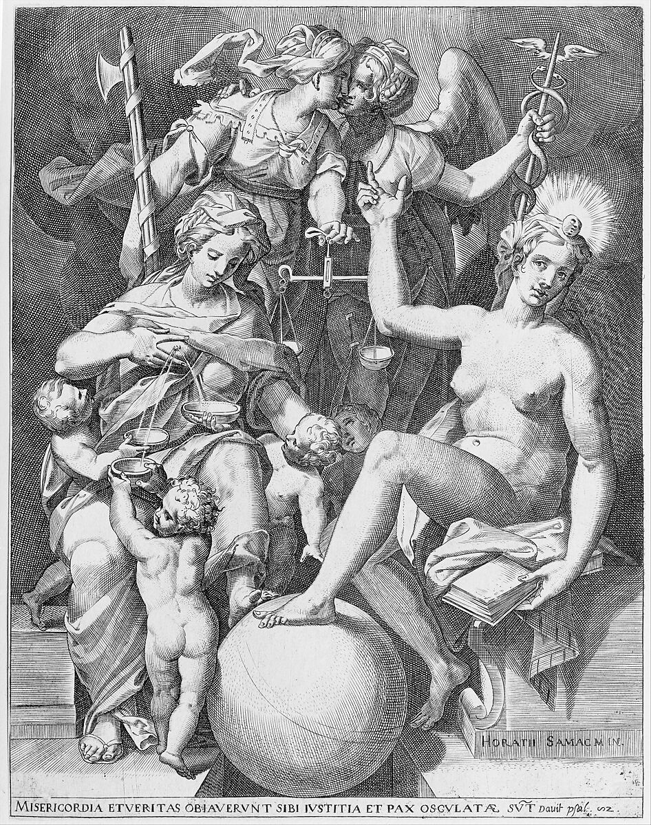 Allegory of the Psalm of David; Misericordia seated to the left feeding four children with milk from her breast, Truth seated to the right holding an open book in her left hand and her foot resting on a globe, Justice stands behind to the left holding a pair of scales and embracing Peace who stands to the right holding a caduceus, After Agostino Carracci (Italian, Bologna 1557–1602 Parma), Engraving 
