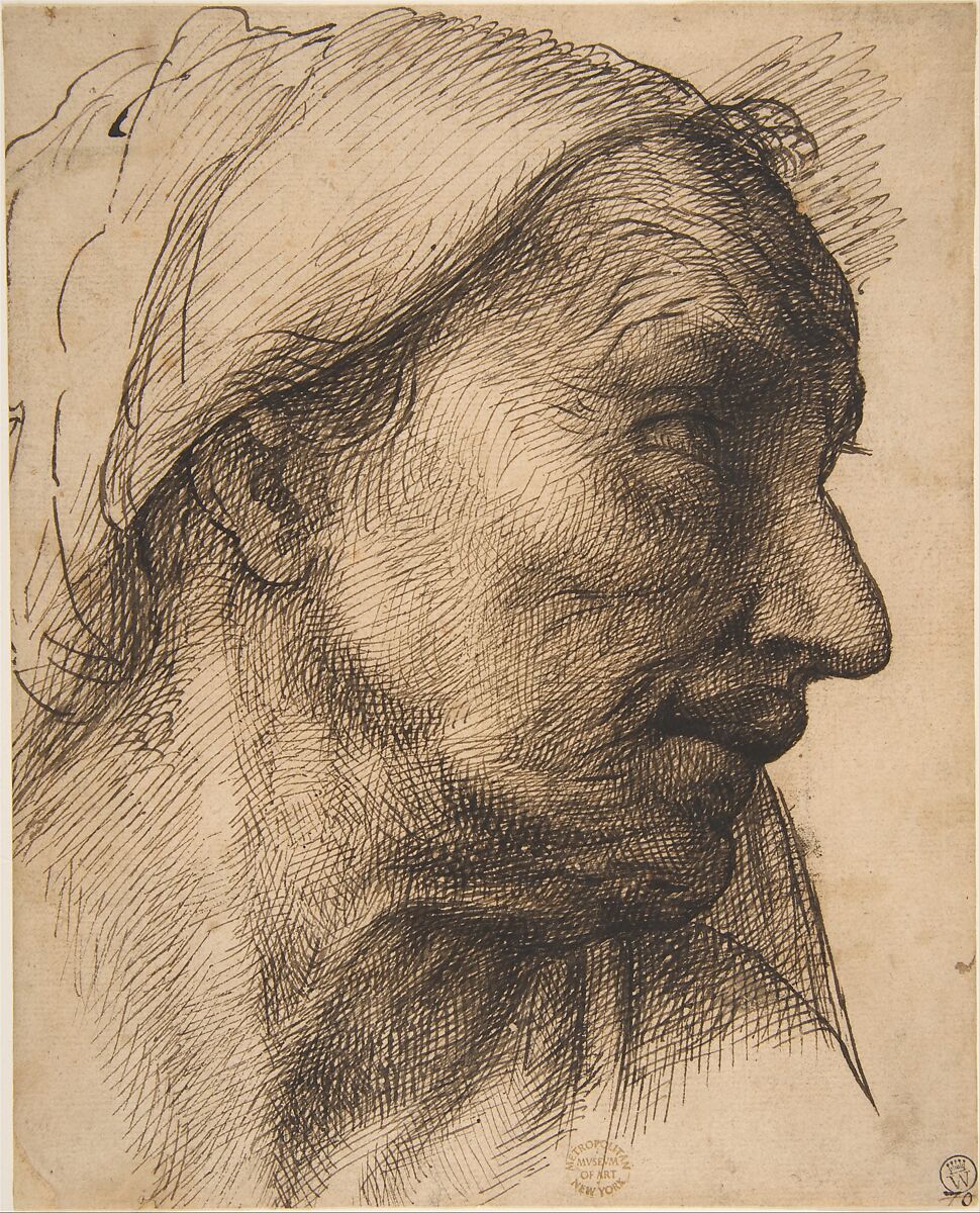 Head of an Old Woman, Sebastiano del Piombo (Sebastiano Luciani) (Italian, Venice (?) 1485/86–1547 Rome), Pen and brown ink on buff paper 