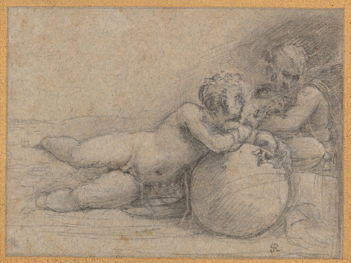 The Christ Child and Saint John the Baptist, Sebastiano del Piombo (Sebastiano Luciani) (Italian, Venice (?) 1485/86–1547 Rome), Black and some white chalk, on blue paper