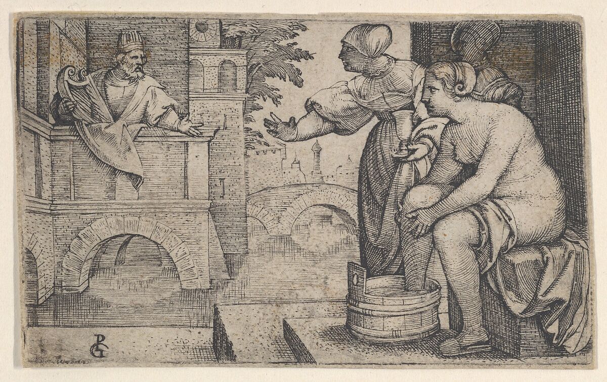 David and Bathsheba, Georg Pencz (German, Wroclaw ca. 1500–1550 Leipzig), Engraving; second state of two (Landau) 