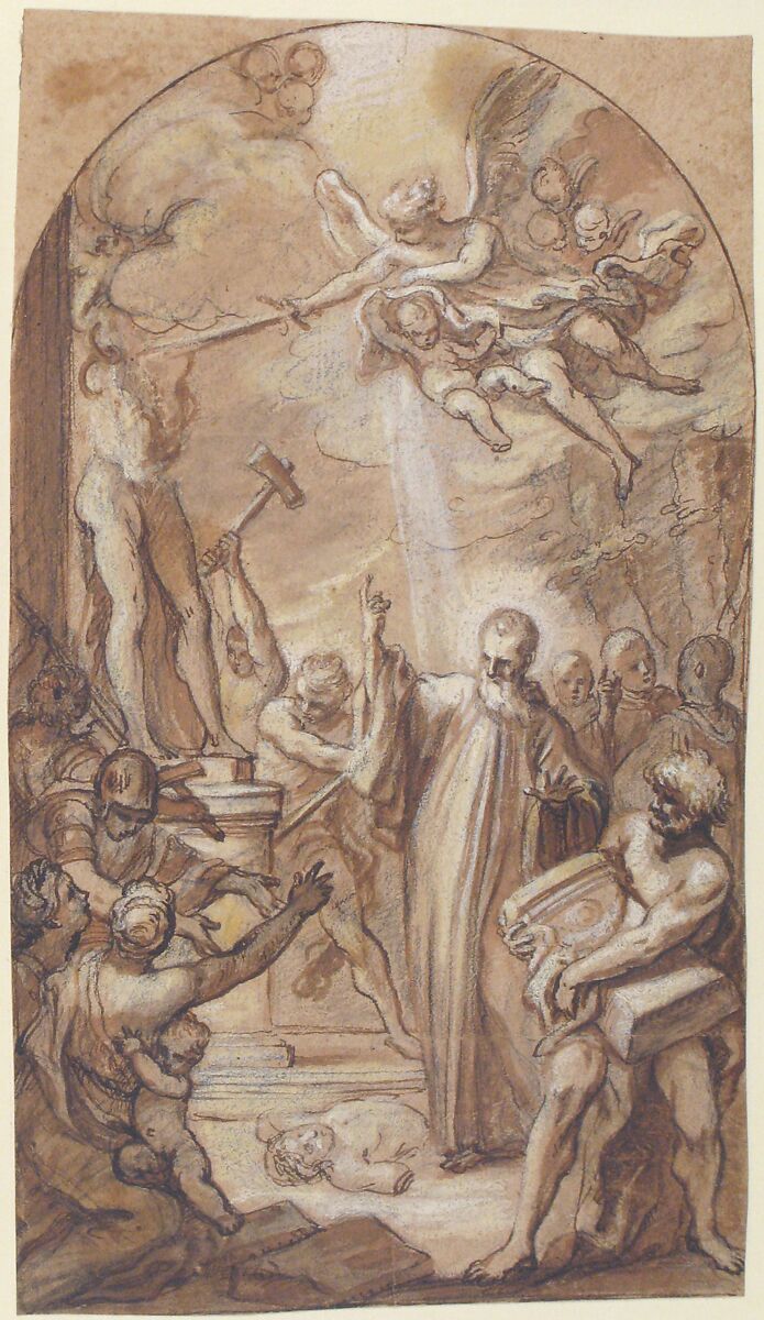 Saint Benedict Orders the Destruction of Idols at Montecassino, Gaspare Serenario (Italian, Palermo 1694–1759 Palermo (?)), Pen and brown ink, brush and brown wash, highlighted with yellow and white gouache, over black chalk or leadpoint, on beige paper