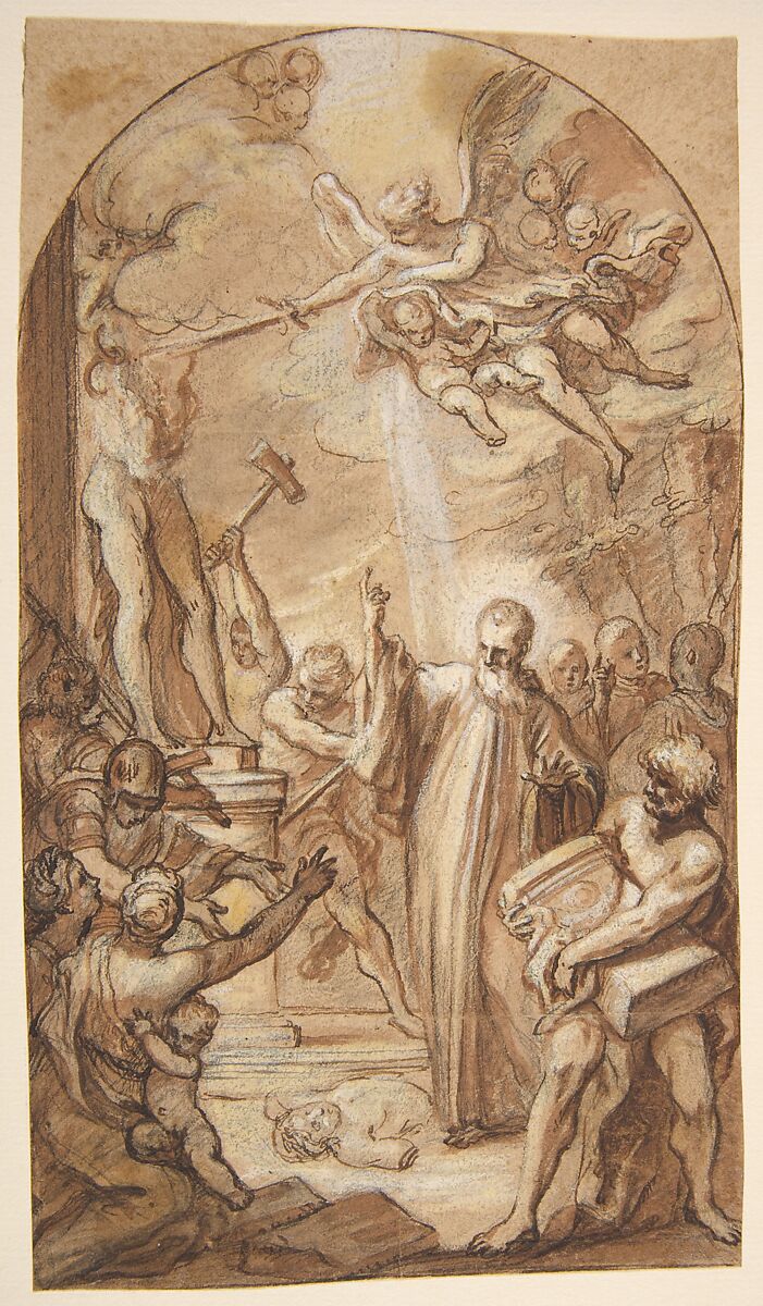 Saint Benedict Orders the Destruction of Idols at Montecassino, Gaspare Serenario (Italian, Palermo 1694–1759 Palermo (?)), Pen and brown ink, brush and brown wash, highlighted with yellow and white gouache, over black chalk or leadpoint, on beige paper 