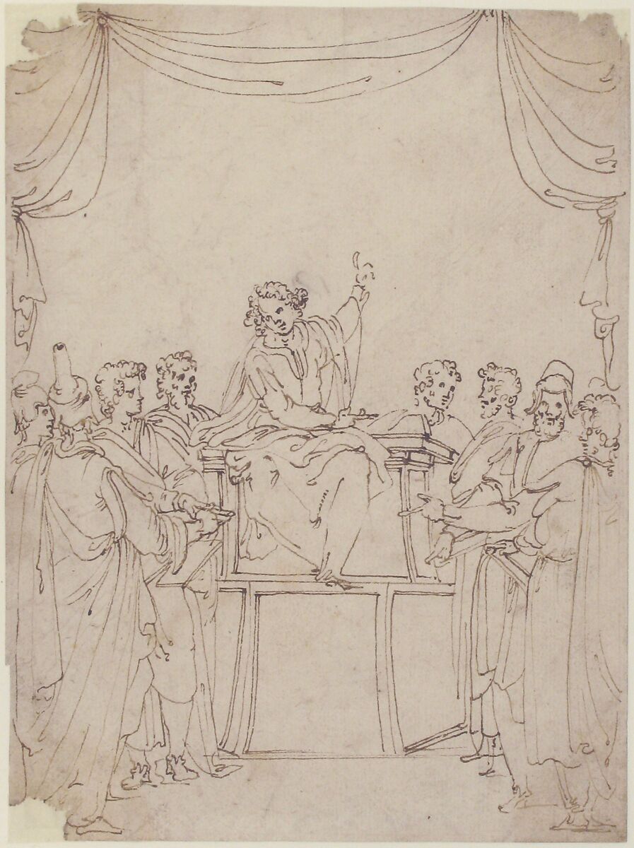 Jesus Disputing with the Doctors in the Temple (Luke 2:46-47), Ercole Setti (Italian, documented Modena, late 16th century), Pen and brown ink, over a little black chalk