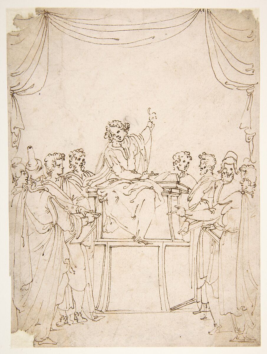Jesus Disputing with the Doctors in the Temple (Luke 2:46-47), Ercole Setti (Italian, documented Modena, late 16th century), Pen and brown ink, over a little black chalk 
