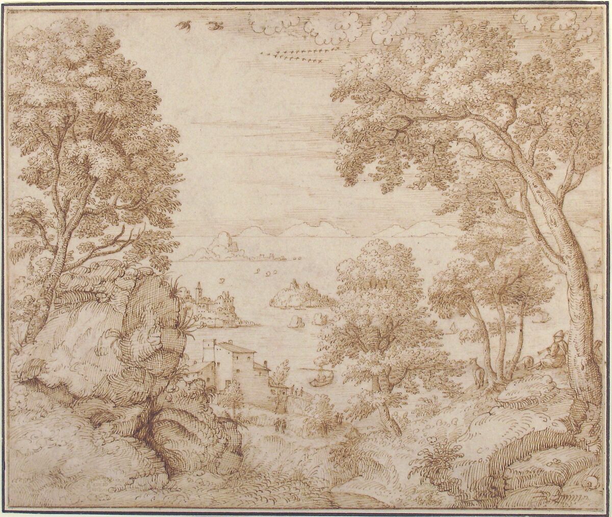 Coastal Landscape, Gherardo Cibo (Italian, Genoa 1512–1600 Rocca Contrada (Arcevia)), Pen and brown ink