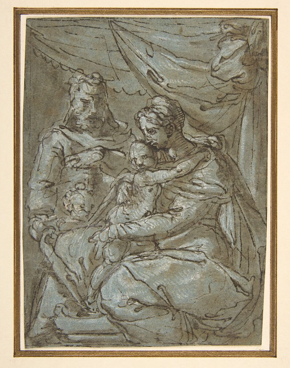 The Holy Family with the Infant Baptist, attributed to Girolamo Siciolante da Sermoneta (Italian, Sermoneta 1521–1575 Rome), Pen and brown ink, brush and brown wash, highlighted with white, on blue paper 