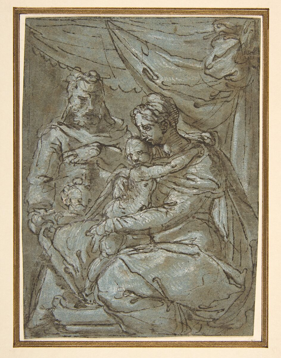 The Holy Family with the Infant Baptist, Attributed to Girolamo Siciolante da Sermoneta (Italian, Sermoneta 1521–1575 Rome), Pen and brown ink, brush and brown wash, highlighted with white, on blue paper 