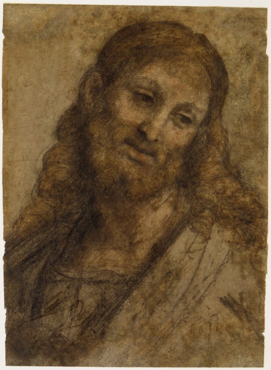 Bust of a Bearded Figure, Andrea Solario (Italian, Milan ca. 1465–1524 Milan), Black, red, and ochre chalk on light brown paper (with later, substantive reintegration of the support and drawing surface along the right edges and upper portions of the sheet; detached from canvas support in 1958)