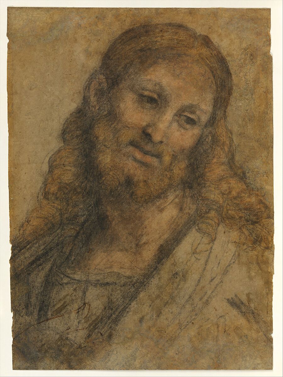 Bust of a Bearded Figure, Andrea Solario (Italian, Milan ca. 1465–1524 Milan), Black, red, and ochre chalk on light brown paper (with later, substantive reintegration of the support and drawing surface along the right edges and upper portions of the sheet; detached from canvas support in 1958)