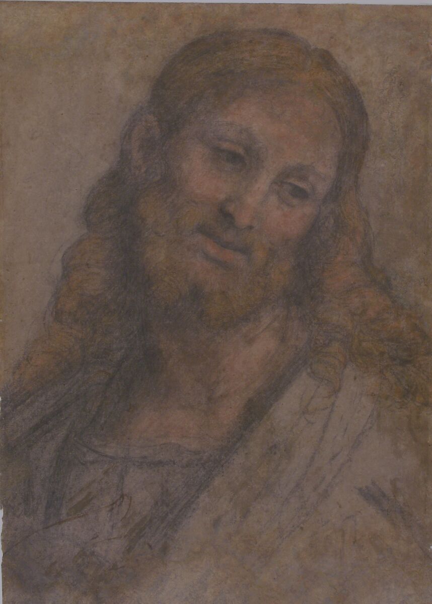 Bust of a Bearded Figure, Andrea Solario (Italian, Milan ca. 1465–1524 Milan), Black, red, and ochre chalk on light brown paper (with later, substantive reintegration of the support and drawing surface along the right edges and upper portions of the sheet; detached from canvas support in 1958)