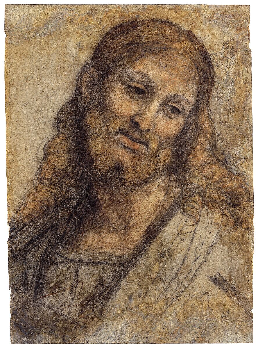 Bust of a Bearded Figure, Andrea Solario (Italian, Milan ca. 1465–1524 Milan), Black, red, and ochre chalk on light brown paper (with later, substantive reintegration of the support and drawing surface along the right edges and upper portions of the sheet; detached from canvas support in 1958)