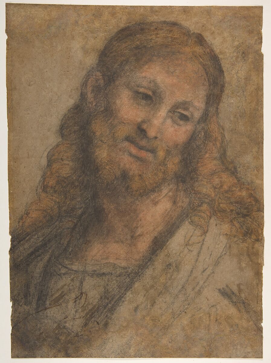 Bust of a Bearded Figure, Andrea Solario (Italian, Milan ca. 1465–1524 Milan), Black, red, and ochre chalk on light brown paper (with later, substantive reintegration of the support and drawing surface along the right edges and upper portions of the sheet; detached from canvas support in 1958) 