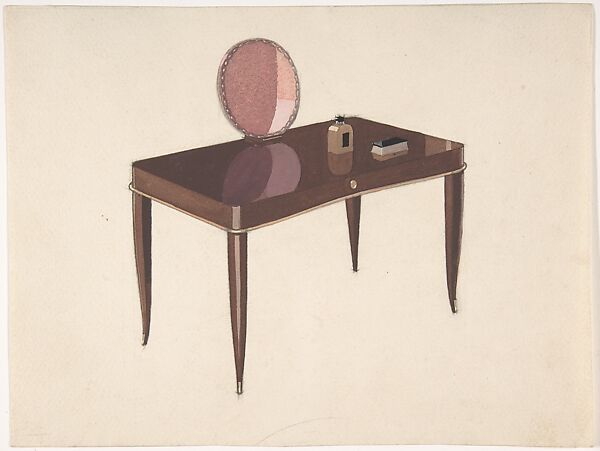 Dressing Table with Round Mirror on Stand, André Arbus (French, Toulouse 1903–1969 Paris), Watercolor and black ink over graphite 