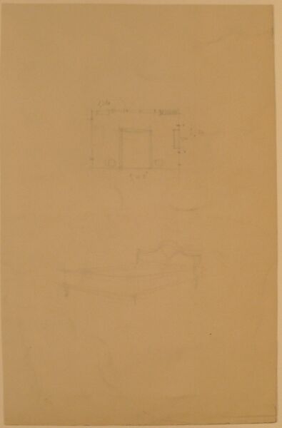 Floorplan of a Bedroom and Sketch of a Bed with "Louis" Headboard, André Arbus (French, Toulouse 1903–1969 Paris), Graphite