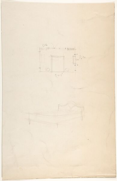 Floorplan of a Bedroom and Sketch of a Bed with "Louis" Headboard, André Arbus (French, Toulouse 1903–1969 Paris), Graphite 