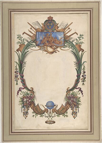 Design for a Cartouche, Nicholas Baily, Pen and gray ink, brush and gray wash, gouache and gold leaf 