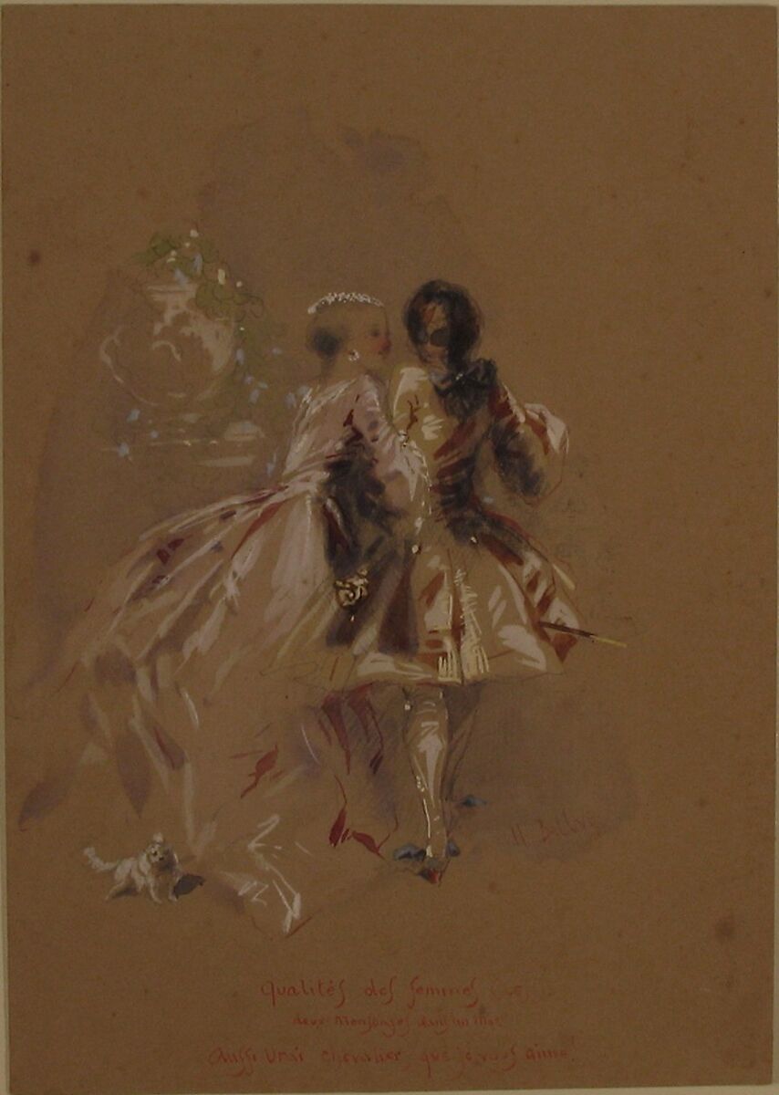 Young Couple Seen From Behind, Hippolyte-Omer Ballue (French, Paris 1820–1867 Paris), Watercolor over graphite