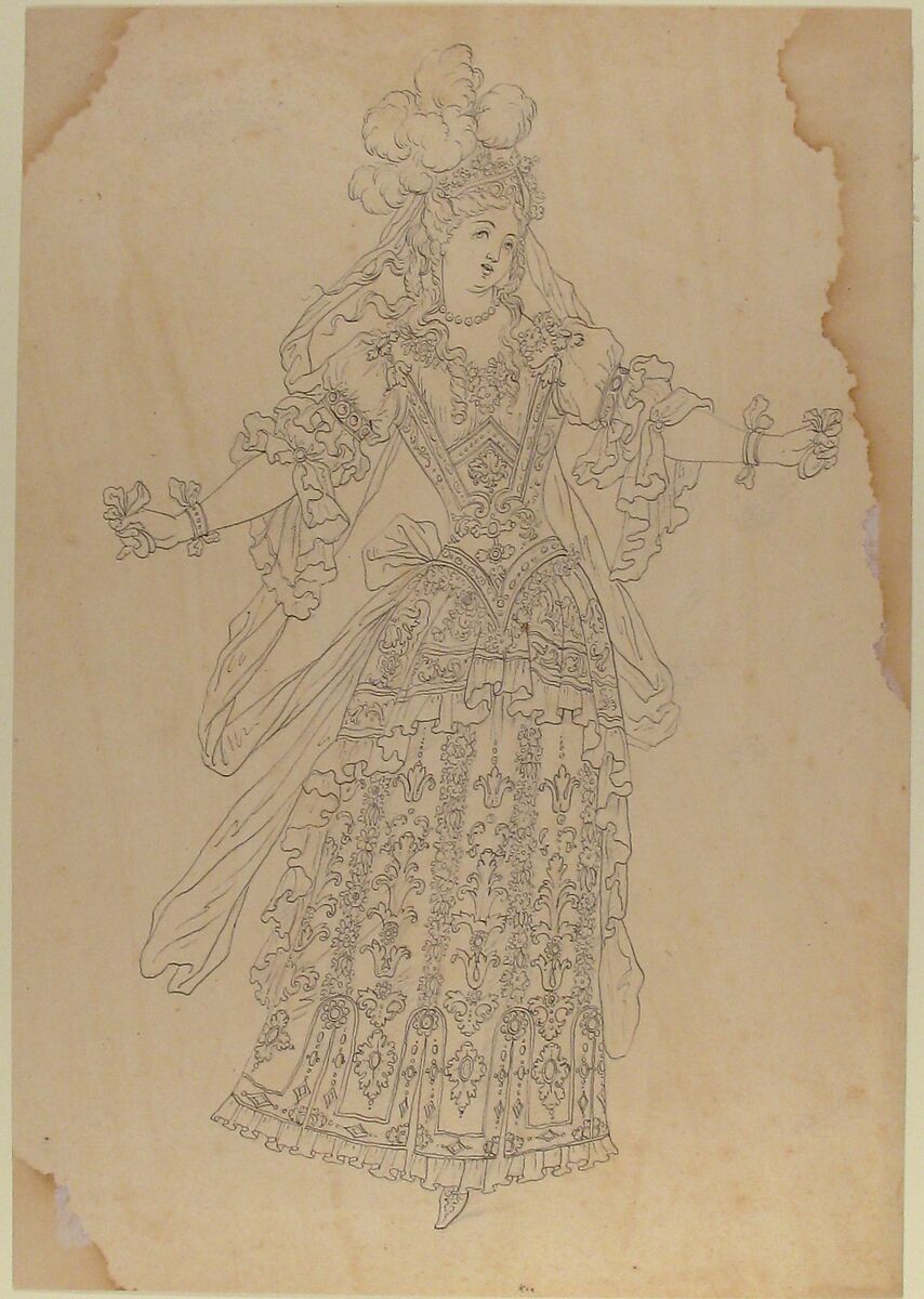Female Actor in Ballet Costume, After (?) Jean Berain (French, Saint-Mihiel 1640–1711 Paris), Pen and black ink over chalk