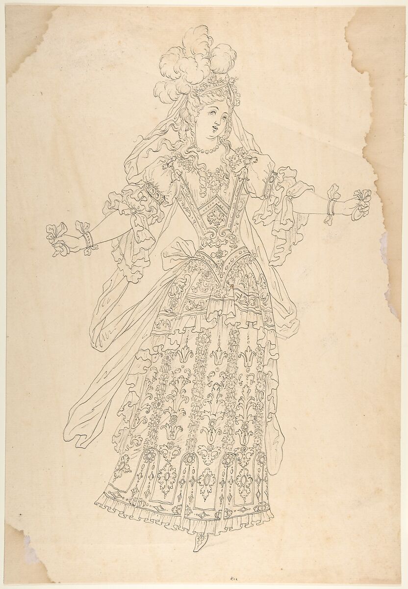 Female Actor in Ballet Costume, After (?) Jean Berain (French, Saint-Mihiel 1640–1711 Paris), Pen and black ink over chalk 