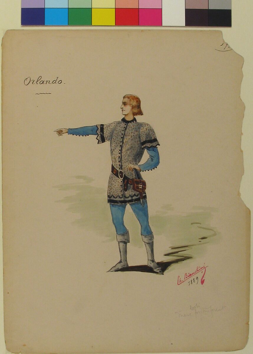 Costume Design for "Orlando", Charles Bianchini (French, Lyons 1860–1905 Paris), Pen and black ink, watercolor, over graphite underdrawing