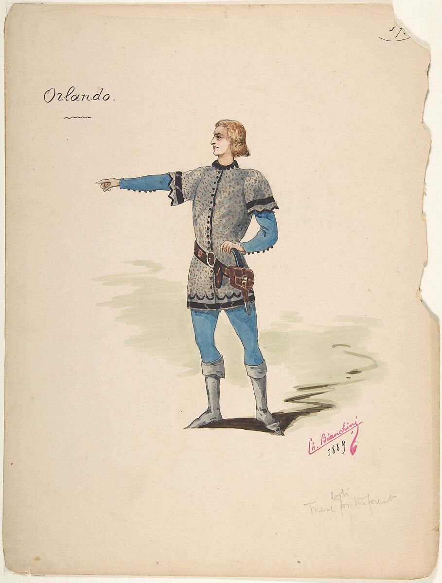 Costume Design for "Orlando", Charles Bianchini (French, Lyons 1860–1905 Paris), Pen and black ink, watercolor, over graphite underdrawing 