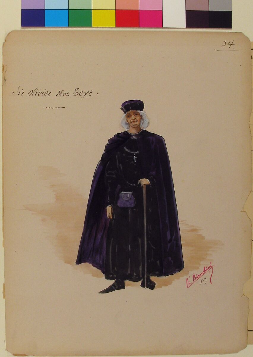 Costume for Sir Olivier McText [a]; Descriptive Sheet of Accessories [b], Charles Bianchini (French, Lyons 1860–1905 Paris), Pen and black ink, watercolor, over graphite underdrawing