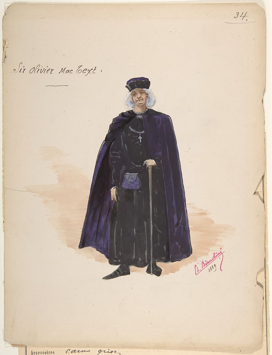 Costume for Sir Olivier McText [a]; Descriptive Sheet of Accessories [b], Charles Bianchini (French, Lyons 1860–1905 Paris), Pen and black ink, watercolor, over graphite underdrawing 