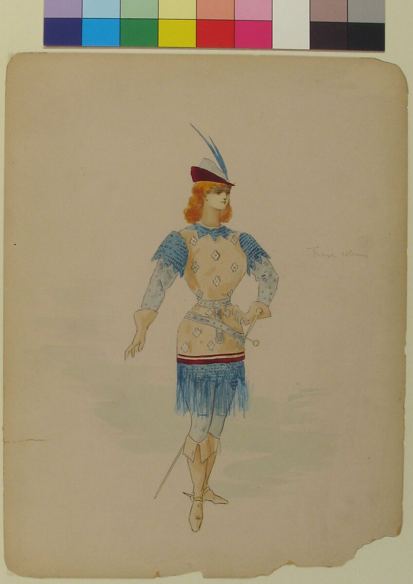 Costume Design for a Cavalier (?) in Blue and Burgundy with Feathered Cap and Sword, Charles Bianchini (French, Lyons 1860–1905 Paris), Pen and black ink, watercolor, and blue pencil