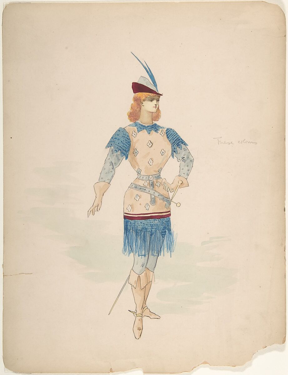 Costume Design for a Cavalier (?) in Blue and Burgundy with Feathered Cap and Sword, Charles Bianchini (French, Lyons 1860–1905 Paris), Pen and black ink, watercolor, and blue pencil 