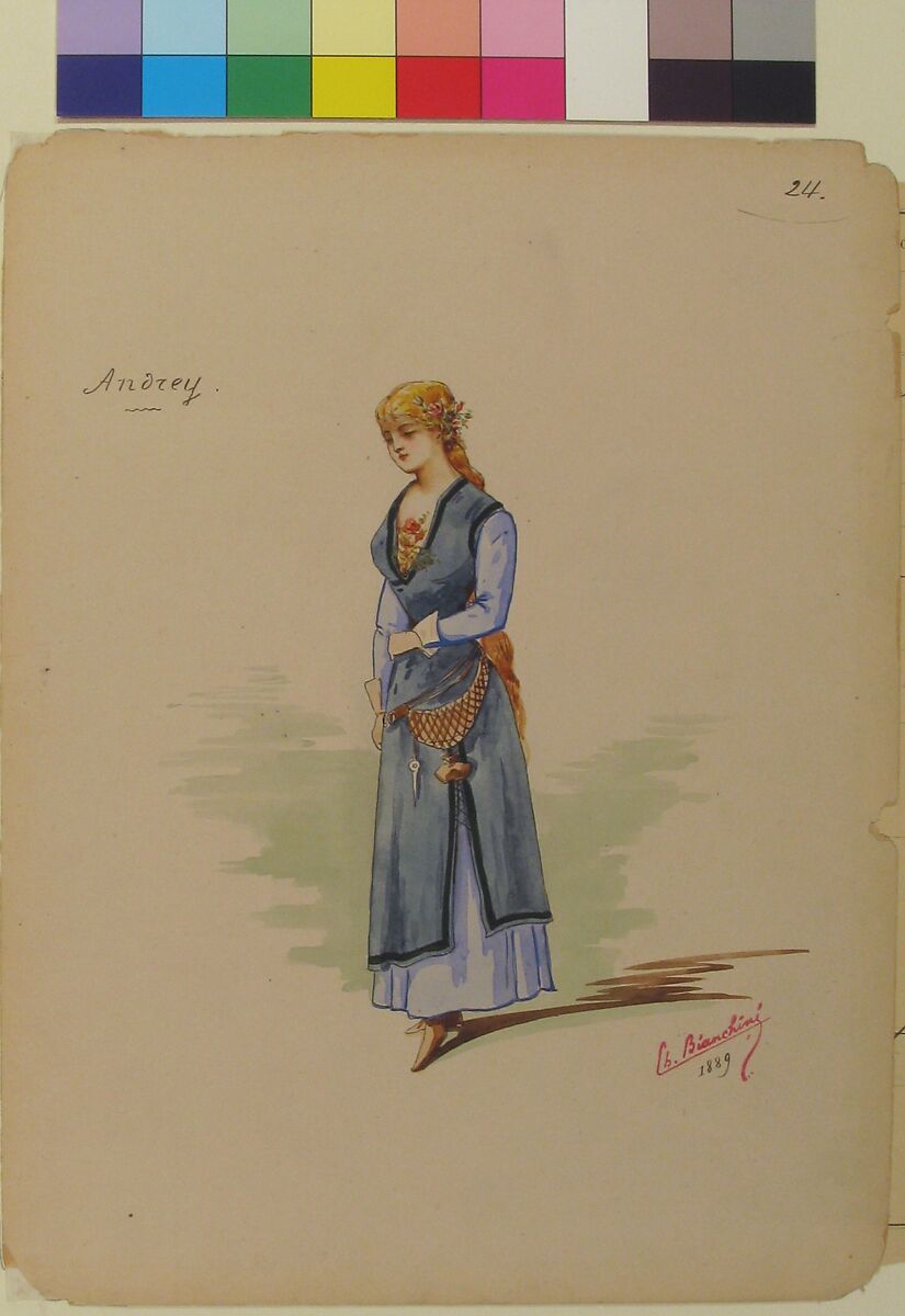 Costume Design for "Andrey" [a]; Descriptive sheet of Accessories [b], Charles Bianchini (French, Lyons 1860–1905 Paris), Pen and black ink, watercolor