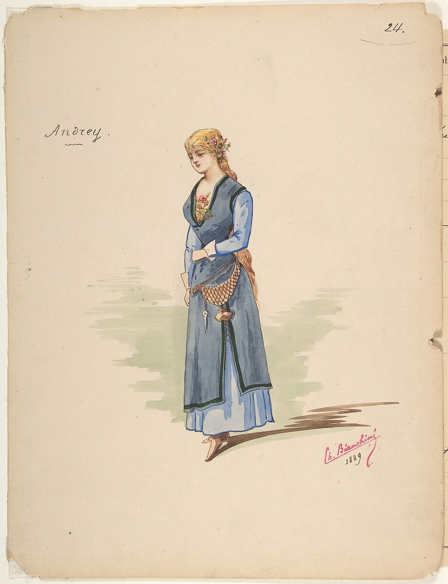 Costume Design for "Andrey" [a]; Descriptive sheet of Accessories [b], Charles Bianchini (French, Lyons 1860–1905 Paris), Pen and black ink, watercolor 