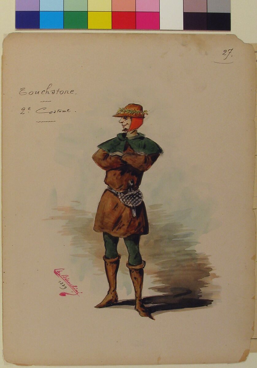 Costume Design for "Touchstone" [a]; Descriptive Sheet of Costume and Accessories [b], Charles Bianchini (French, Lyons 1860–1905 Paris), Pen and black ink, watercolor, over graphite underdrawing