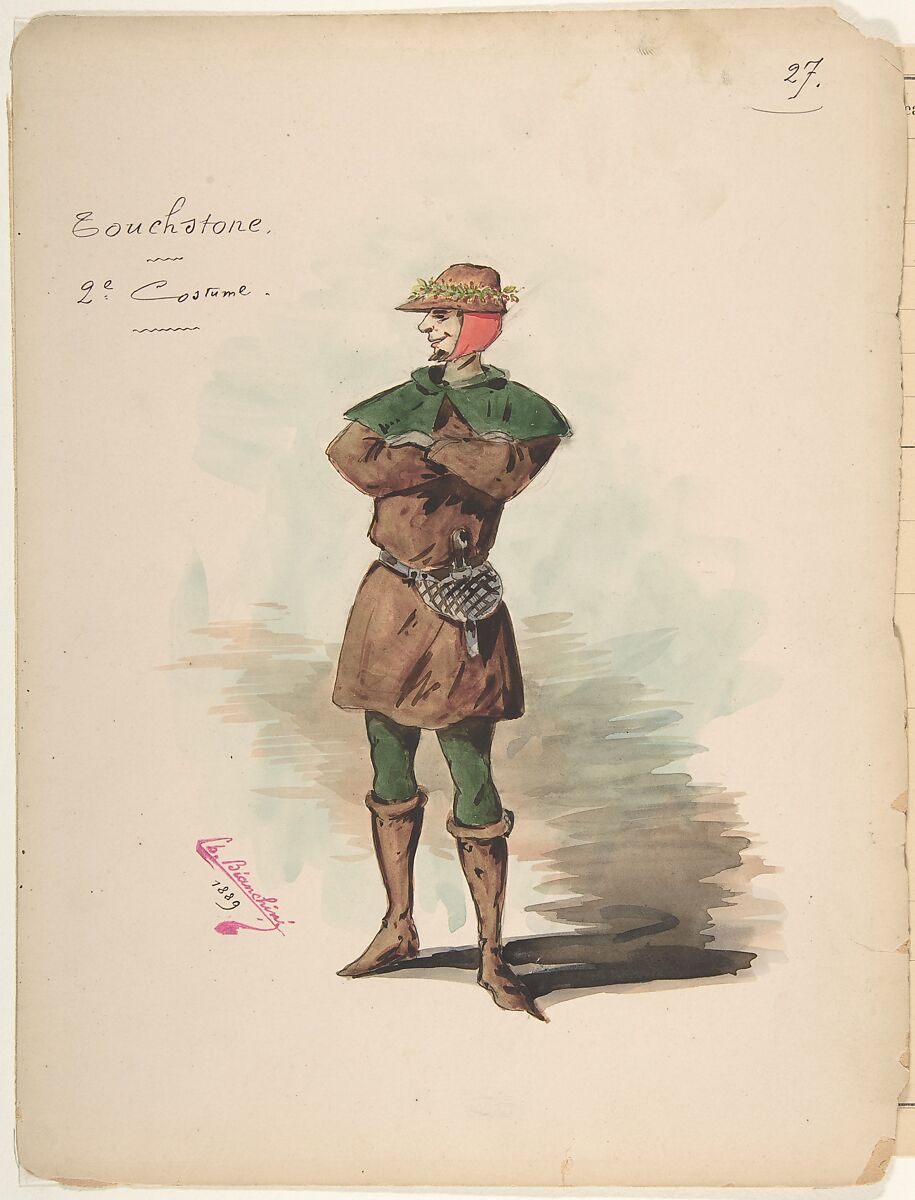 Costume Design for "Touchstone" [a]; Descriptive Sheet of Costume and Accessories [b], Charles Bianchini (French, Lyons 1860–1905 Paris), Pen and black ink, watercolor, over graphite underdrawing 
