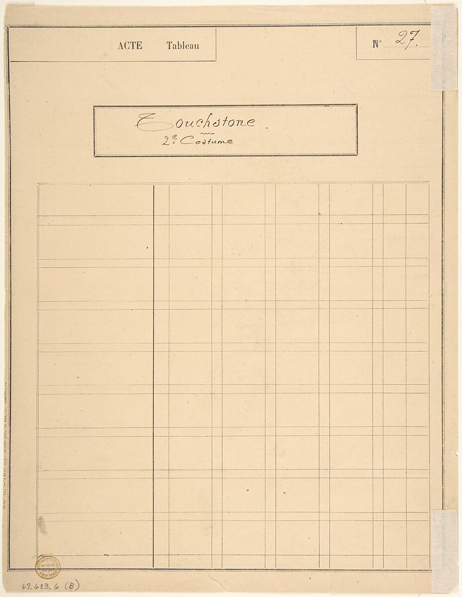 Costume Design for "Touchstone" [a]; Descriptive Sheet of Costume and Accessories [b], Charles Bianchini (French, Lyons 1860–1905 Paris), Pen and black ink, watercolor, over graphite underdrawing