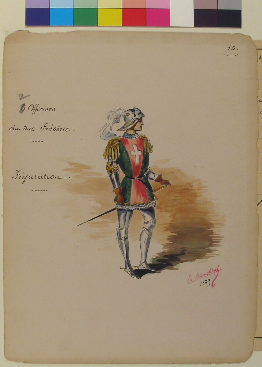 Costume Design for "Officiers du duc Frédéric" [a]; Descriptive Sheet of Costume Accessories [b], Charles Bianchini (French, Lyons 1860–1905 Paris), Pen and black ink, watercolor, over graphite underdrawing