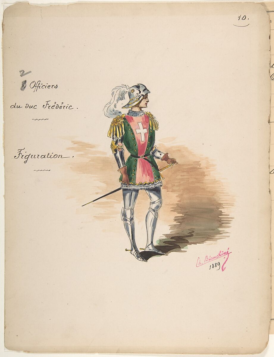 Costume Design for "Officiers du duc Frédéric" [a]; Descriptive Sheet of Costume Accessories [b], Charles Bianchini (French, Lyons 1860–1905 Paris), Pen and black ink, watercolor, over graphite underdrawing 