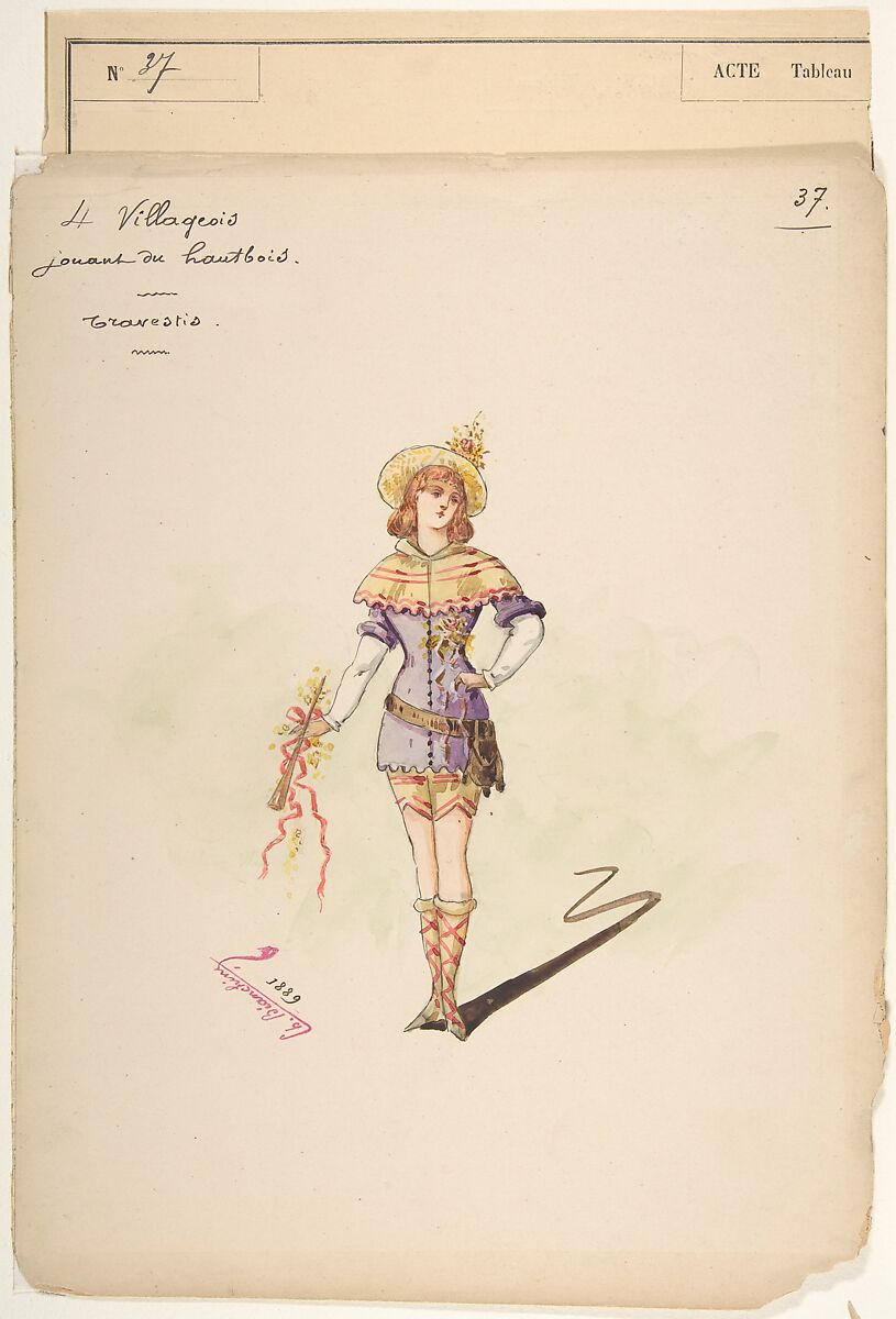 Costume Design for "4 Villageois jouant au hautbois" [a]; Descriptive Sheet of Costume Accessories [b], Charles Bianchini (French, Lyons 1860–1905 Paris), Pen and black ink, watercolor, over graphite underdrawing 