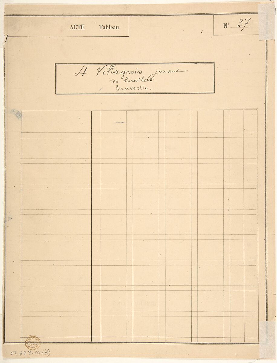 Costume Design for "4 Villageois jouant au hautbois" [a]; Descriptive Sheet of Costume Accessories [b], Charles Bianchini (French, Lyons 1860–1905 Paris), Pen and black ink, watercolor, over graphite underdrawing