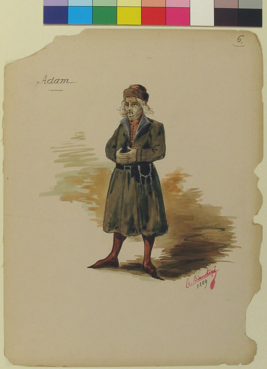 Costume Design for "Adam", Charles Bianchini (French, Lyons 1860–1905 Paris), Pen and black ink, watercolor, over graphite underdrawing