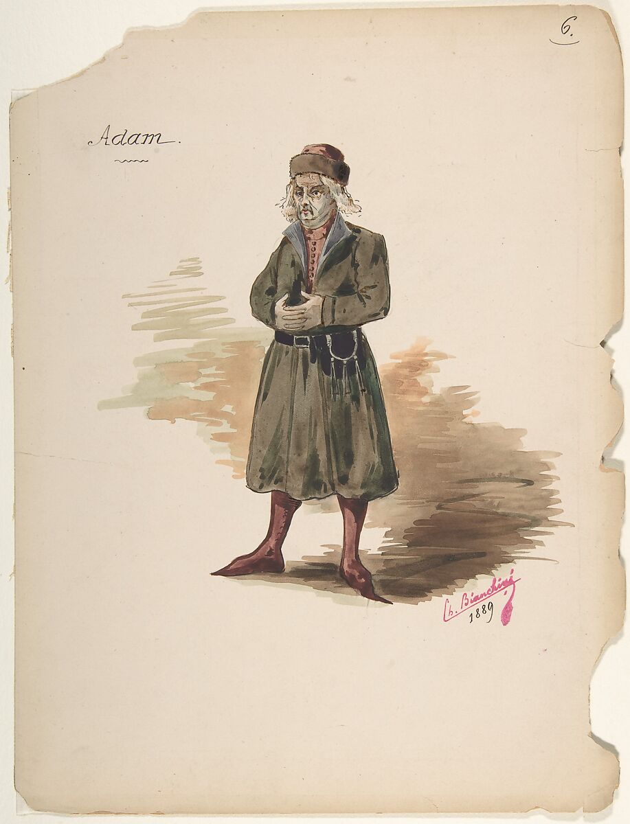 Costume Design for "Adam", Charles Bianchini (French, Lyons 1860–1905 Paris), Pen and black ink, watercolor, over graphite underdrawing 
